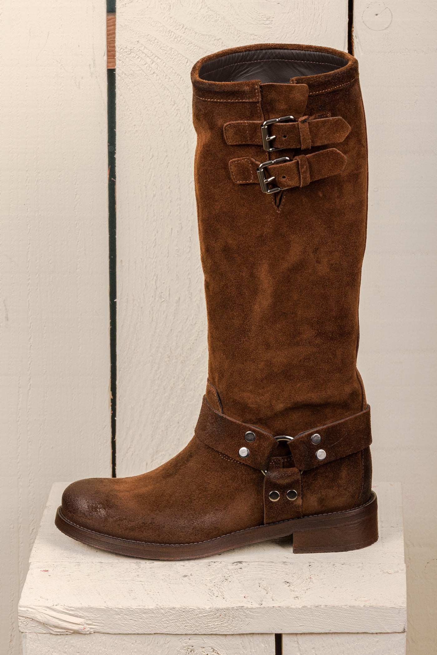 Benheart Maria 994 women's cuoio suede leather boots with buckles and harness strap, side view.