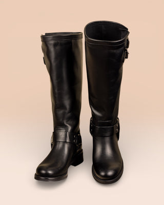 Benheart Maria 994 women's black leather boots with buckles and harness strap, front angled and top view.