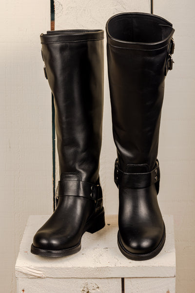 Benheart Maria 994 women's black leather boots with buckles and harness strap, front angled and top view.