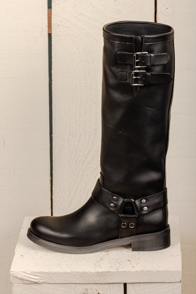 Benheart Maria 994 women's black leather boots with buckles and harness strap, side view.