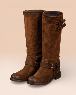 Benheart Maria 994 women's cuoio suede leather boots with buckles and harness strap, front angled view.