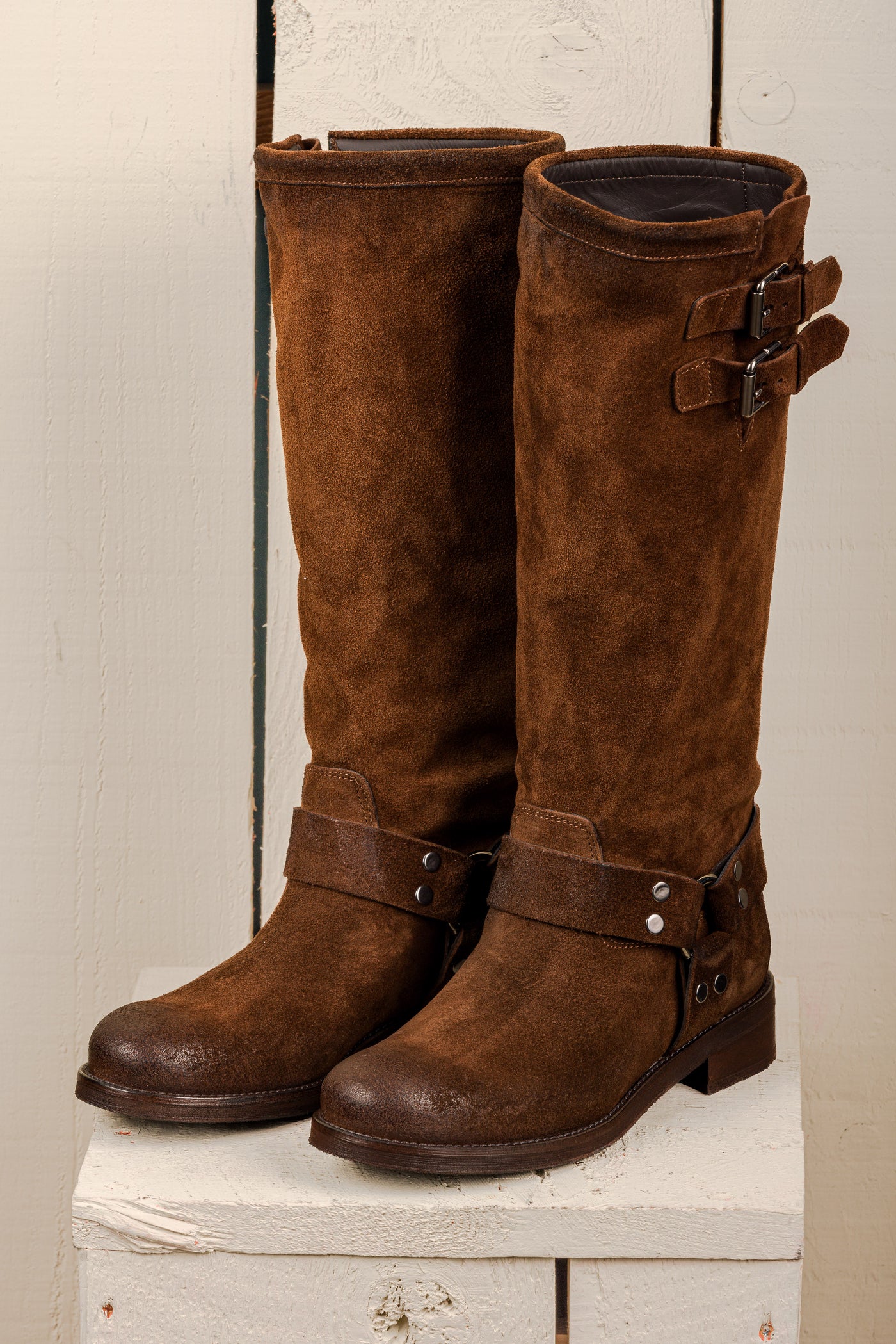 Benheart Maria 994 women's cuoio suede leather boots with buckles and harness strap, front angled view.