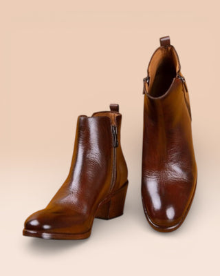 Benheart Miranda 5258 women’s brandy leather ankle boots with side zip, front angled and top view.