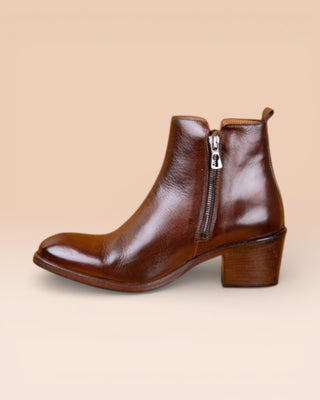 Benheart Miranda 5258 women’s brandy leather ankle boots with side zip, side view.