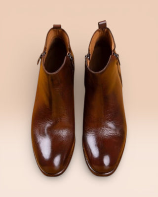 Benheart Miranda 5258 women’s brandy leather ankle boots with side zip, top view.