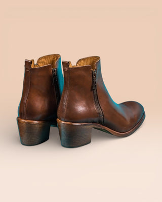 Benheart Miranda 5258 women’s cerro leather ankle boots with side zip, rear angled view.