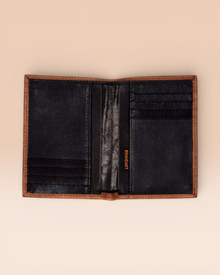 Open tan brown New York wallet by Benheart, made in Italy from genuine leather.