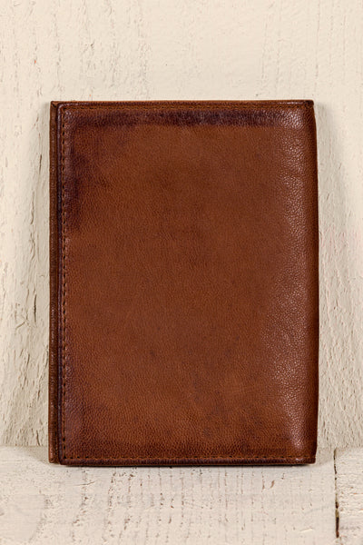 Back view of a New York leather wallet by Benheart in tan brown leather