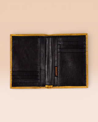 Open mahogany New York wallet by Benheart, made in Italy from genuine leather