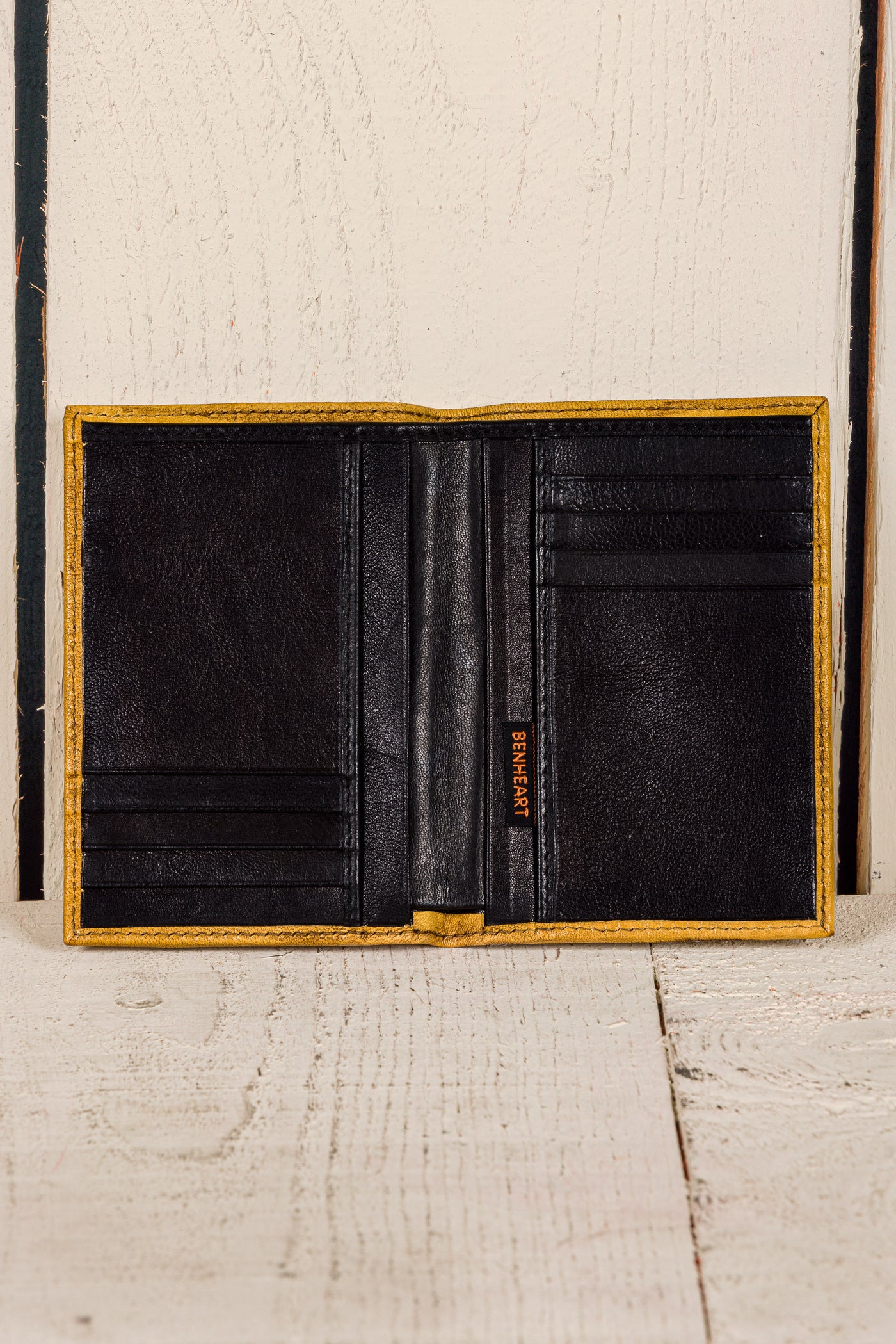 Open mahogany New York wallet by Benheart, made in Italy from genuine leather