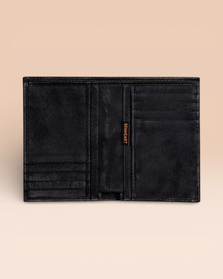 Interior view of open black New York wallet by Benheart.