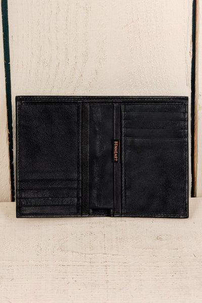 Interior view of open black New York wallet by Benheart.