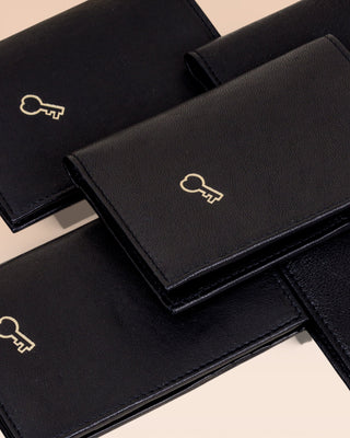 Black New York handmade leather wallets by Benheart, angled view