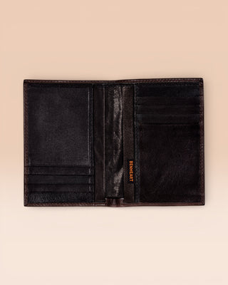 Open dark brown testa di moro New York wallet by Benheart, made in Italy from genuine leather.