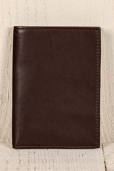 Back of a New York leather wallet by Benheart in dark brown testa di moro.