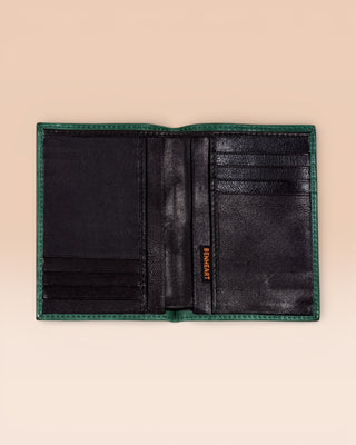 Open dark brown New York wallet by Benheart, made in Florence,  Italy from genuine leather