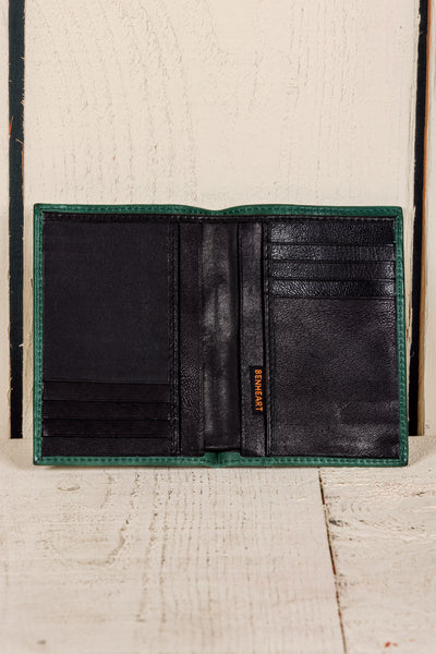 Open dark brown New York wallet by Benheart, made in Florence,  Italy from genuine leather