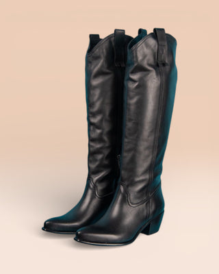 Front angled view of Novelli high texan boots by Benheart in black, handcrafted in Florence, Italy.
