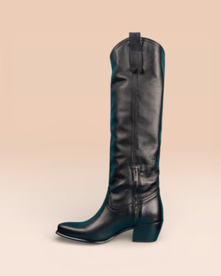 Side view of Novelli high texan boots by Benheart in black, featuring a side zip closure.