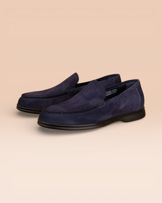Benheart Nule men’s blue suede apron loafers with rubber sole, front angled view.