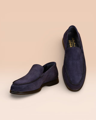 Benheart Nule men’s blue suede apron loafers with rubber sole, front angled and top view.