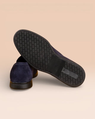 Benheart Nule men’s blue suede apron loafers, rear view with one shoe showing the heel and the other the rubber sole.