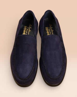 Benheart Nule men’s blue suede apron loafers with rubber sole, top view.