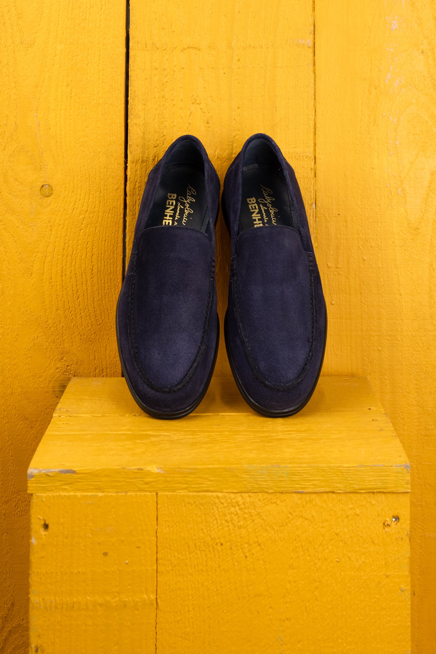 Benheart Nule men’s blue suede apron loafers with rubber sole, top view.