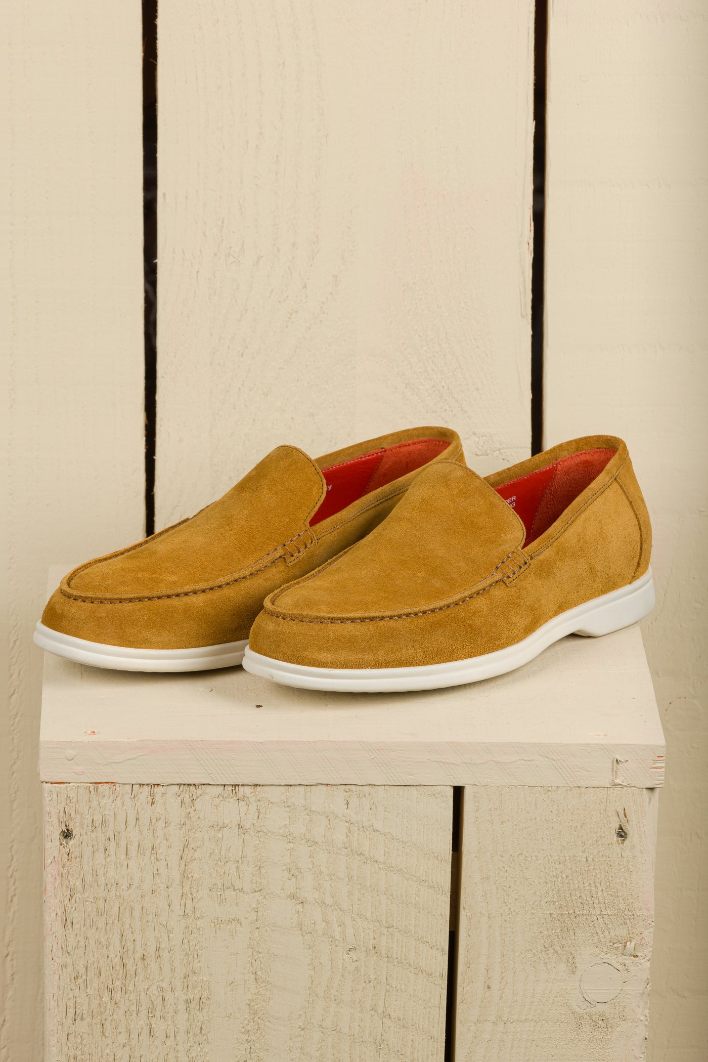 Benheart Nule men’s mahogany suede apron loafers with rubber sole, front angled view.