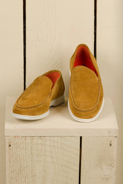 Benheart Nule men’s mahogany suede apron loafers with rubber sole, front angled and top view.