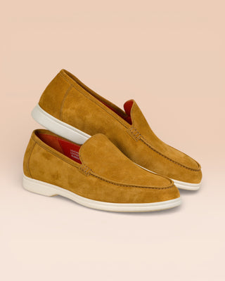 Benheart Nule men’s mahogany suede apron loafers with rubber sole, side angled view.