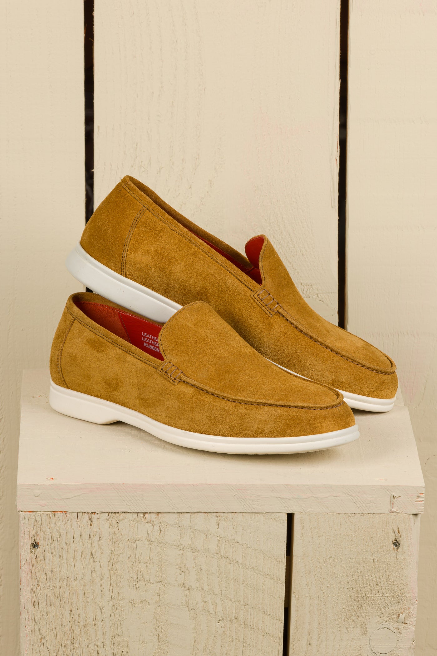 Benheart Nule men’s mahogany suede apron loafers with rubber sole, side angled view.