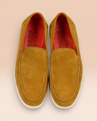 Benheart Nule men’s mahogany suede apron loafers with rubber sole, top view.