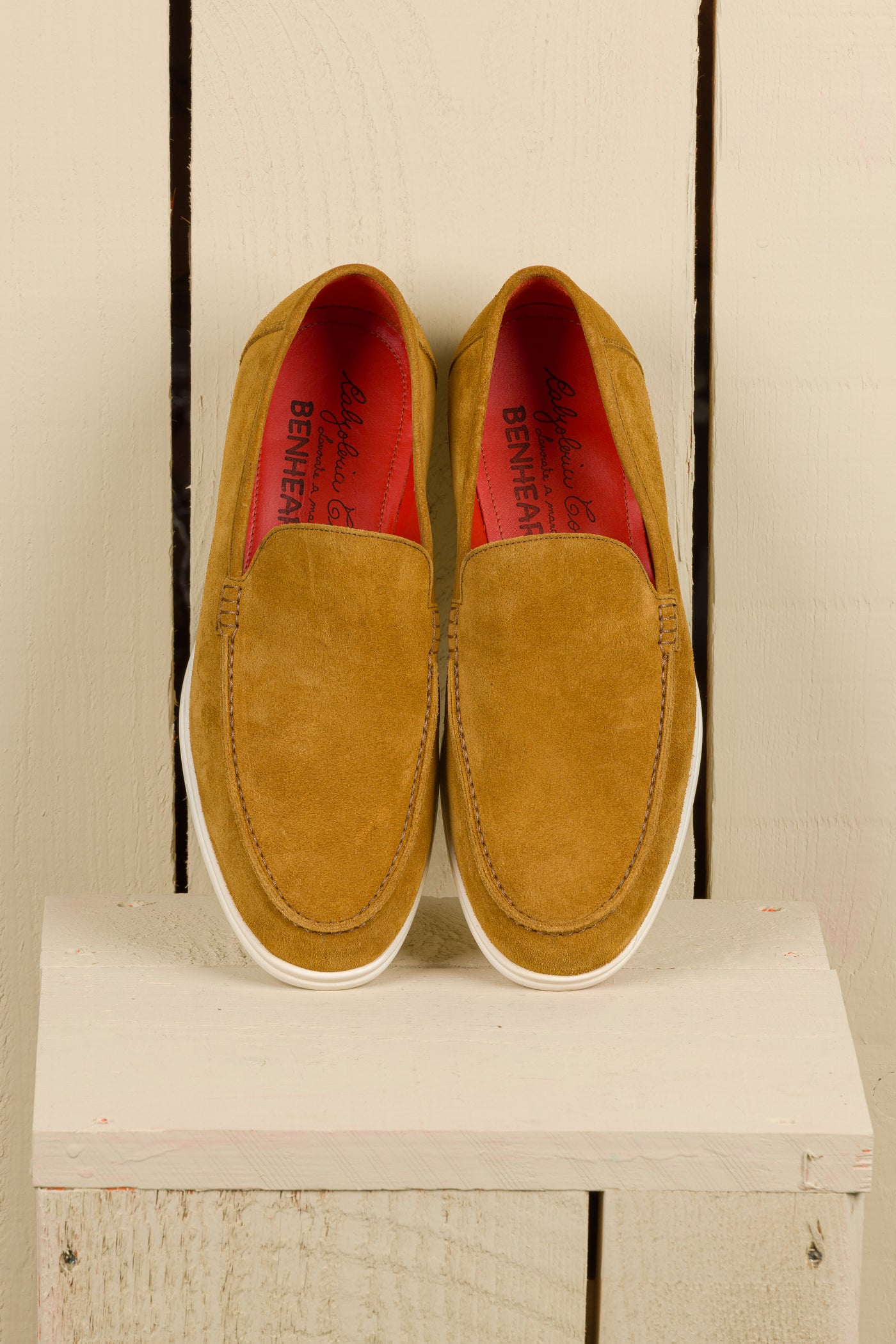 Benheart Nule men’s mahogany suede apron loafers with rubber sole, top view.