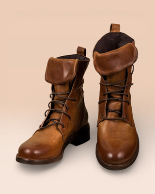 Benheart Phantom lace-up boots in cuoio leather, front angled and top view.