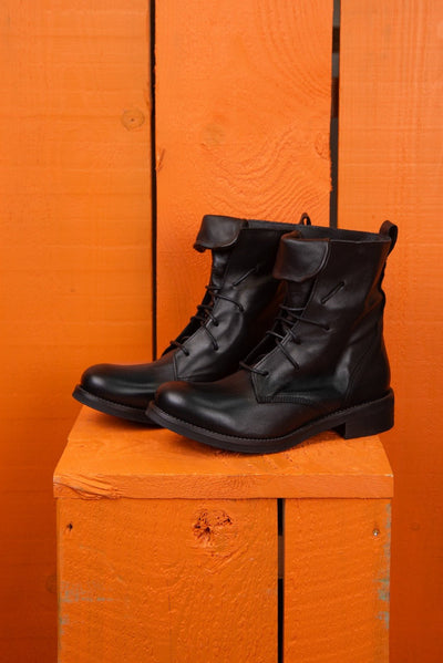 Benheart Phantom lace-up boots in black leather, front angled view.