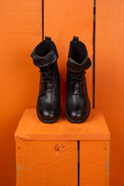 Benheart Phantom lace-up boots in black leather, front view.