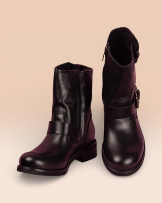 Benheart PRE08F women’s black leather ankle boots with buckles and side zip, front angled and top view.