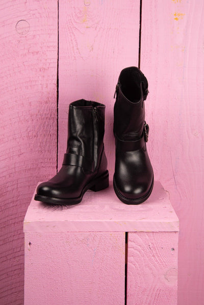 Benheart PRE08F women’s black leather ankle boots with buckles and side zip, front angled and top view.