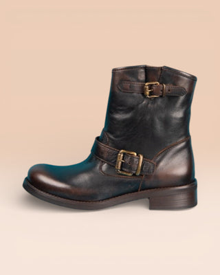 Benheart PRE08F women’s testa di moro dark brown leather ankle boots with buckles and side zip, side view.