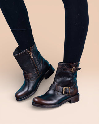 Benheart PRE08F women’s dark brown (testa di moro) leather ankle boots with buckles and side zip, worn by model.