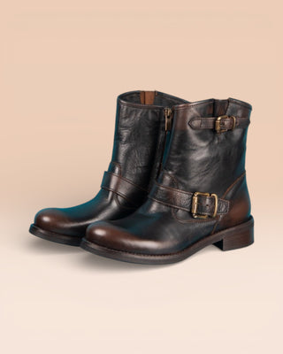 Benheart PRE08F women’s testa di moro dark brown leather ankle boots with buckles and side zip, front angled view.