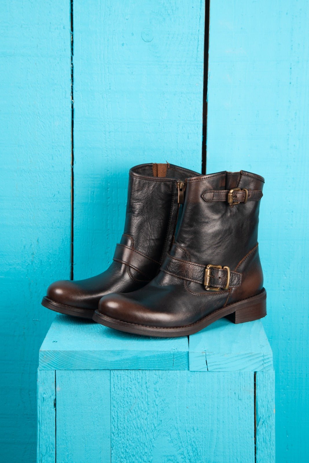 Benheart PRE08F women’s testa di moro dark brown leather ankle boots with buckles and side zip, front angled view.