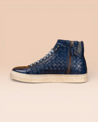 Side view of Raimondo 8393 unisex indigo woven leather high-top sneakers.