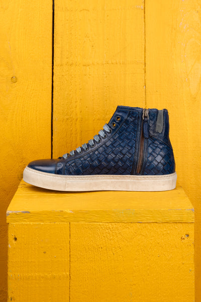 Side view of Raimondo 8393 unisex indigo woven leather high-top sneakers.