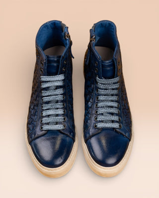 Top view of Raimondo 8393 unisex woven high-top sneakers in indigo.