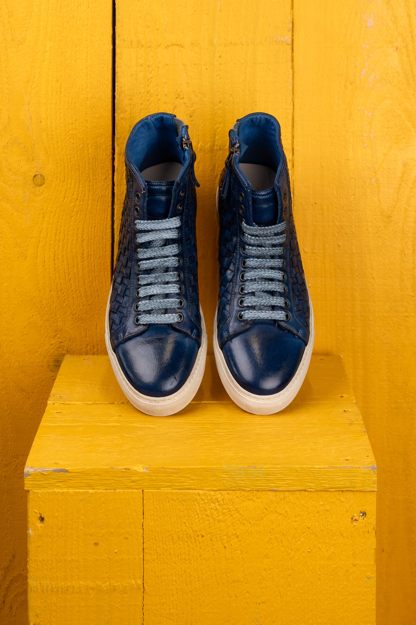 Top view of Raimondo 8393 unisex woven high-top sneakers in indigo.