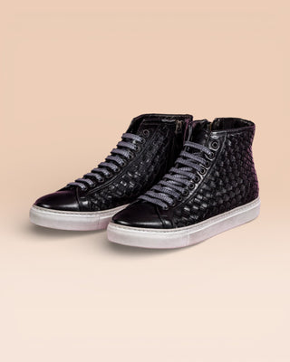 Front angled view of Raimondo 8393 unisex black woven high-top sneakers with rubber soles.