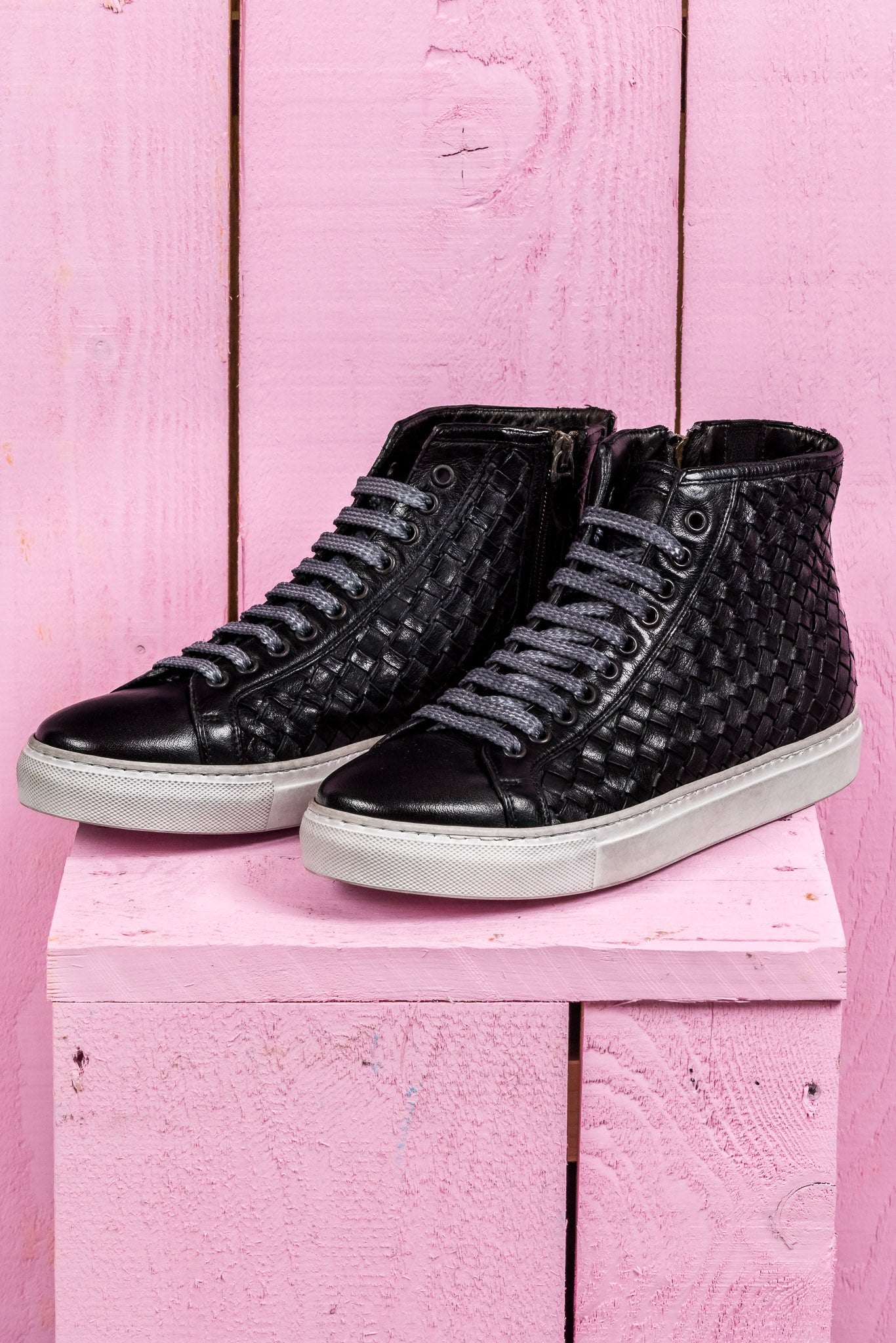 Front angled view of Raimondo 8393 unisex black woven high-top sneakers with rubber soles.