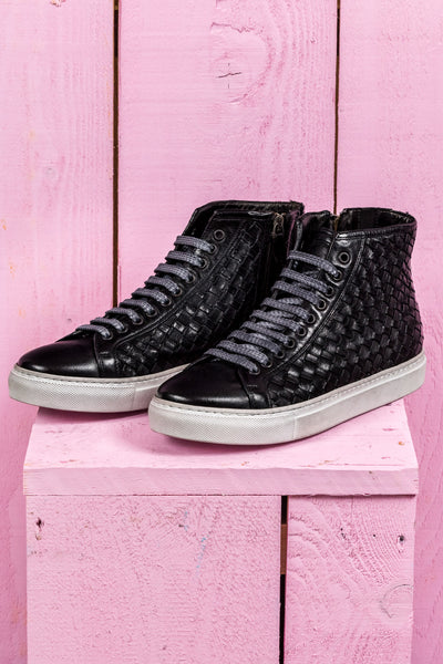 Front angled view of Raimondo 8393 unisex black woven high-top sneakers with rubber soles.